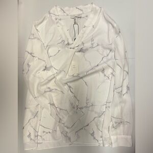 Halston Heritage White Marble Print V-Neck Blouse | Sz M | Brand New w/tags